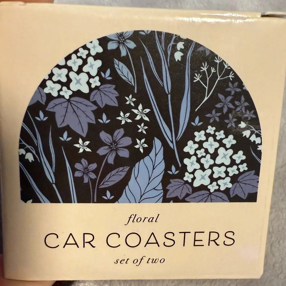 Blue & Black Floral Car Coasters, Cork & Ceramic Set Of 2 New NIB